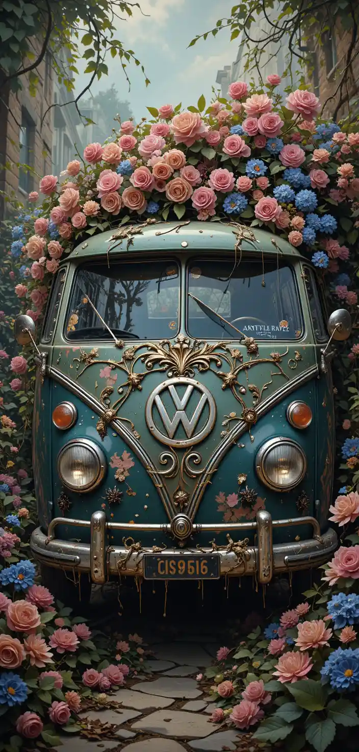Vintage rock style car surrounded by colorful ivy
