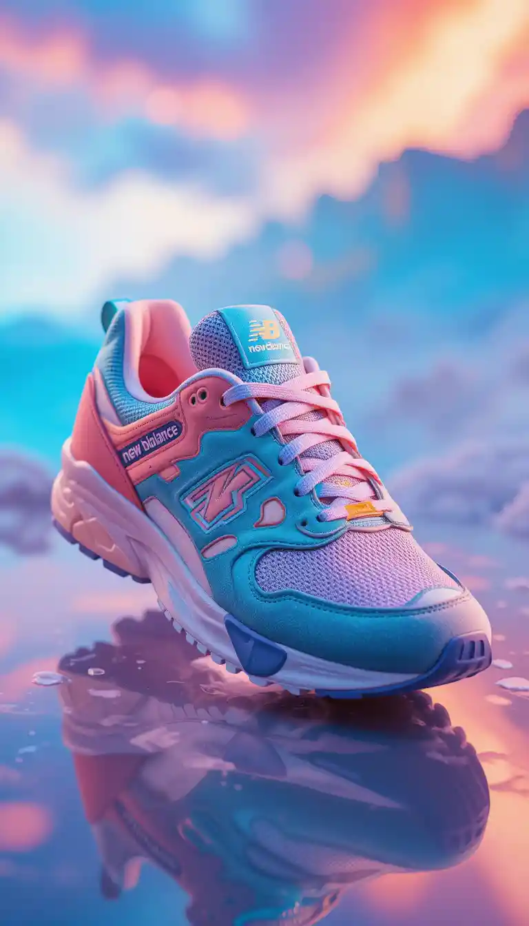 Colorful sneaker close up on reflective pastel surface
