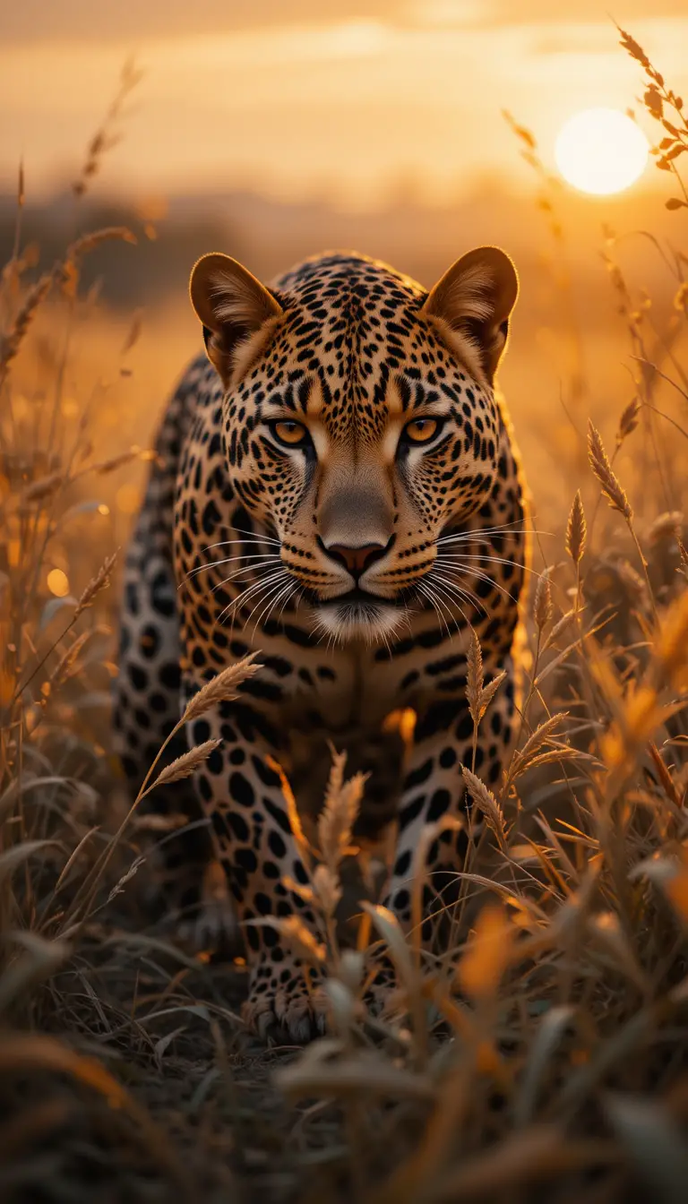 Leopard In Tall Golden Grass At Sunset In Cinematic Style