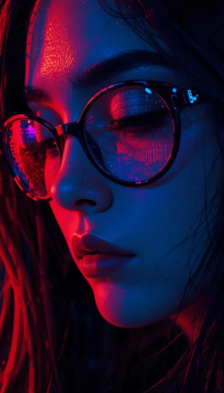 Pixel art close up portrait of a woman with colored lights