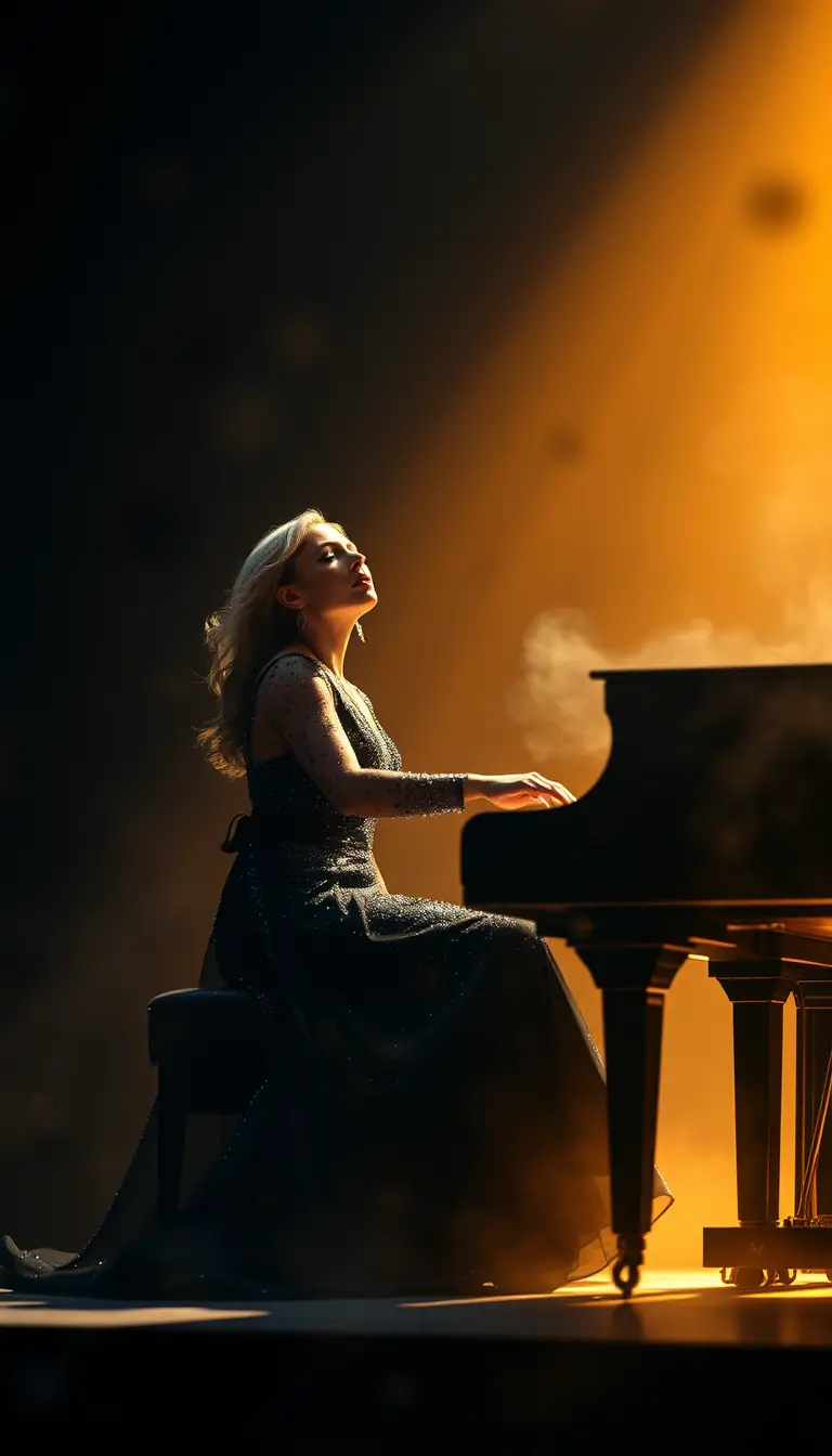Woman at grand piano under warm cinematic spotlight