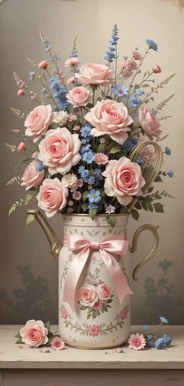 Romantic still life painting with floral tin containers