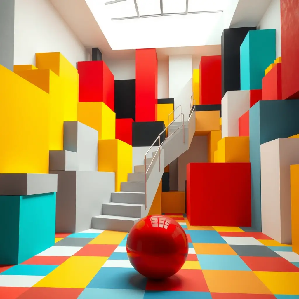 Photorealistic cubist interior with colorful geometric blocks