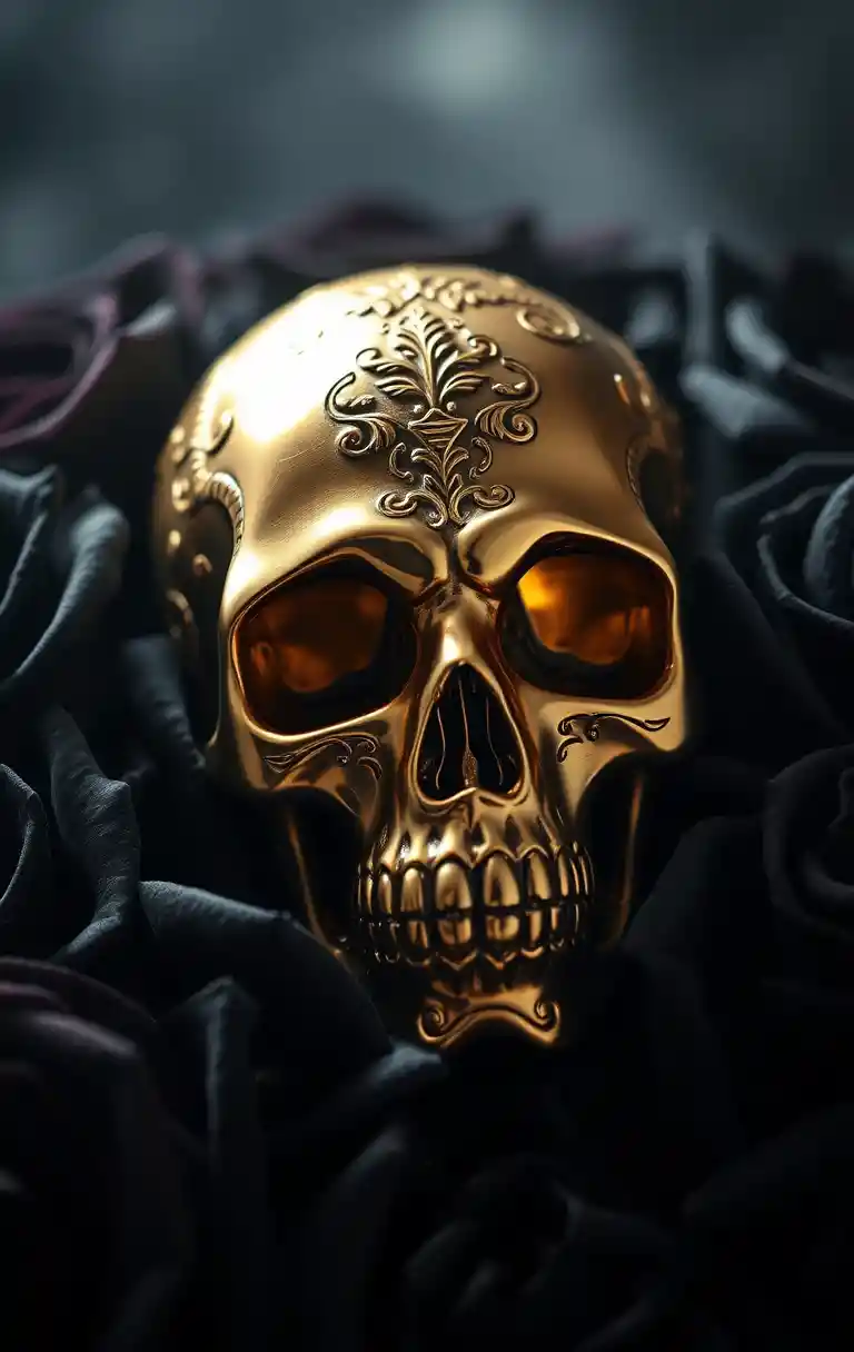 Golden skull with black roses in gothic floral composition