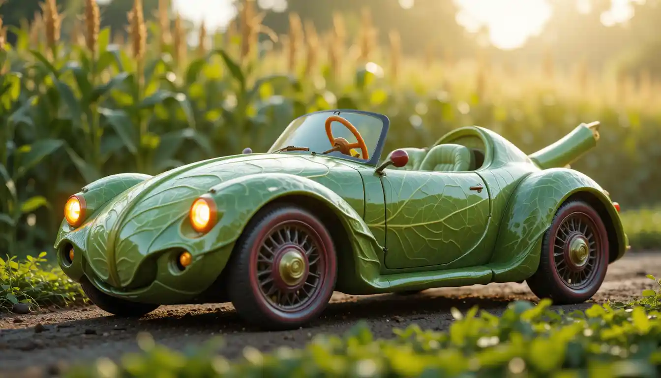 Whimsical cabbage car parked in a magical vegetable garden
