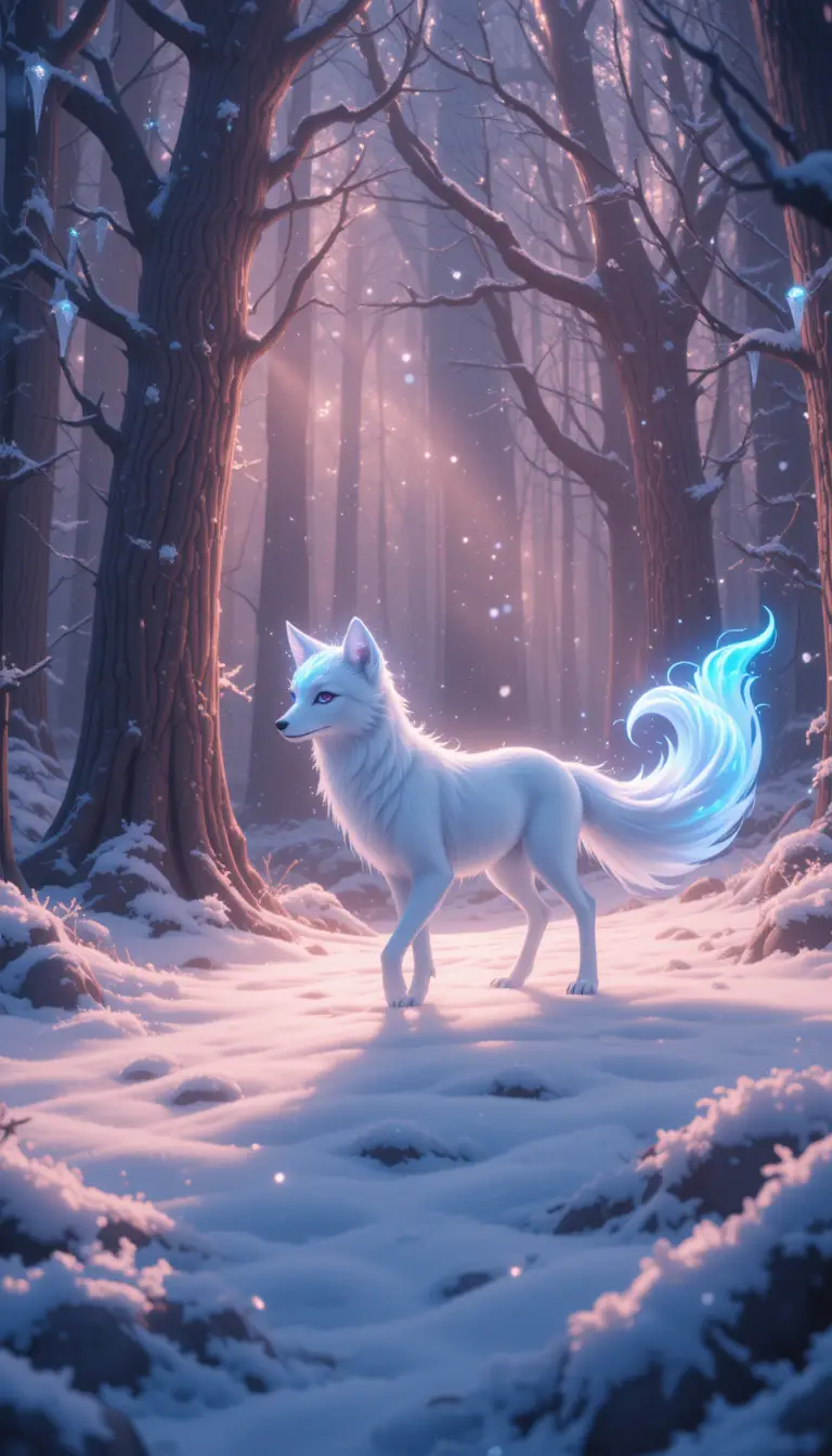 Mystical frost fox standing in an enchanted snowy forest