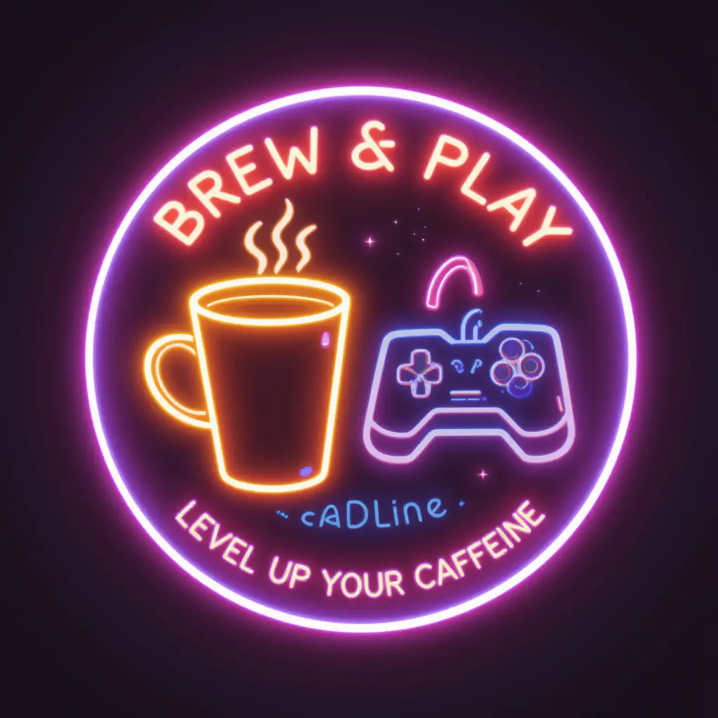 Circular neon style logo with coffee cup and joystick