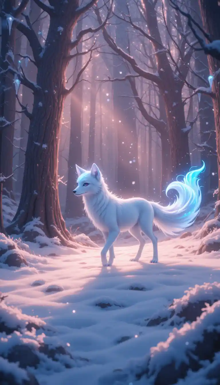 Mystical frost fox standing in an enchanted snowy forest