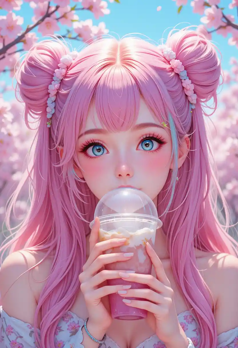 Anime girl with pink hair sipping bubble tea