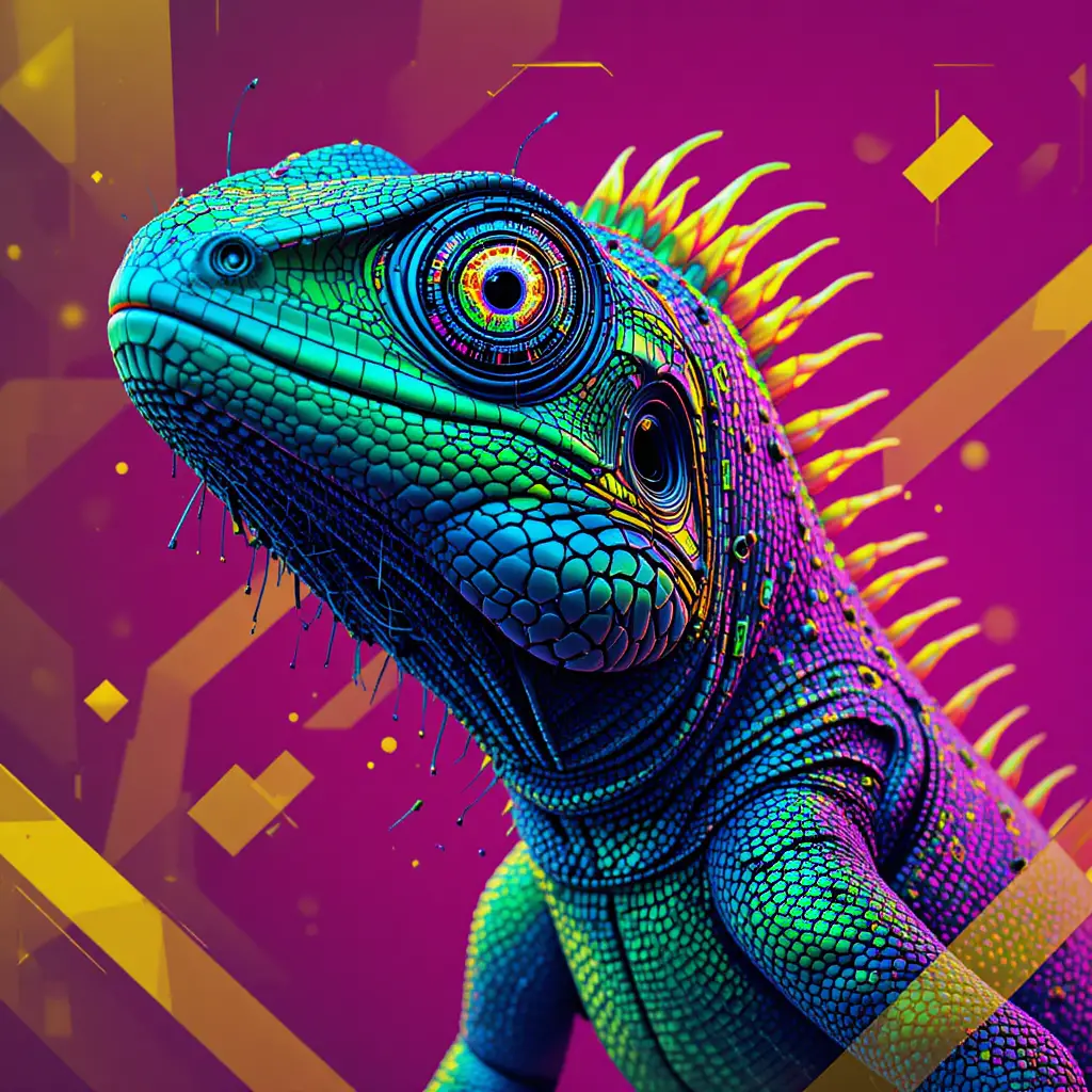 Abstraktes Cyberpunk-Echsenporträt mit Neon-Leuchten