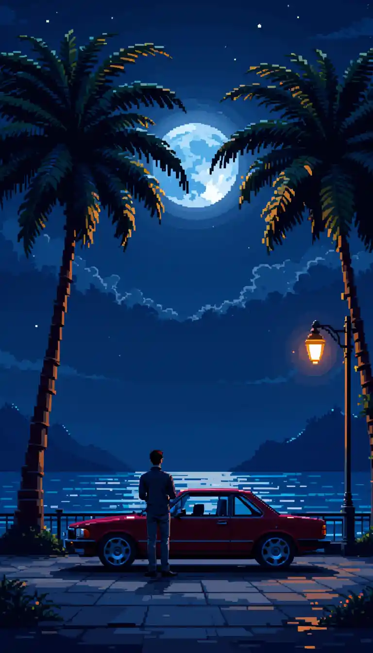 Pixel art seaside night with moon car and man