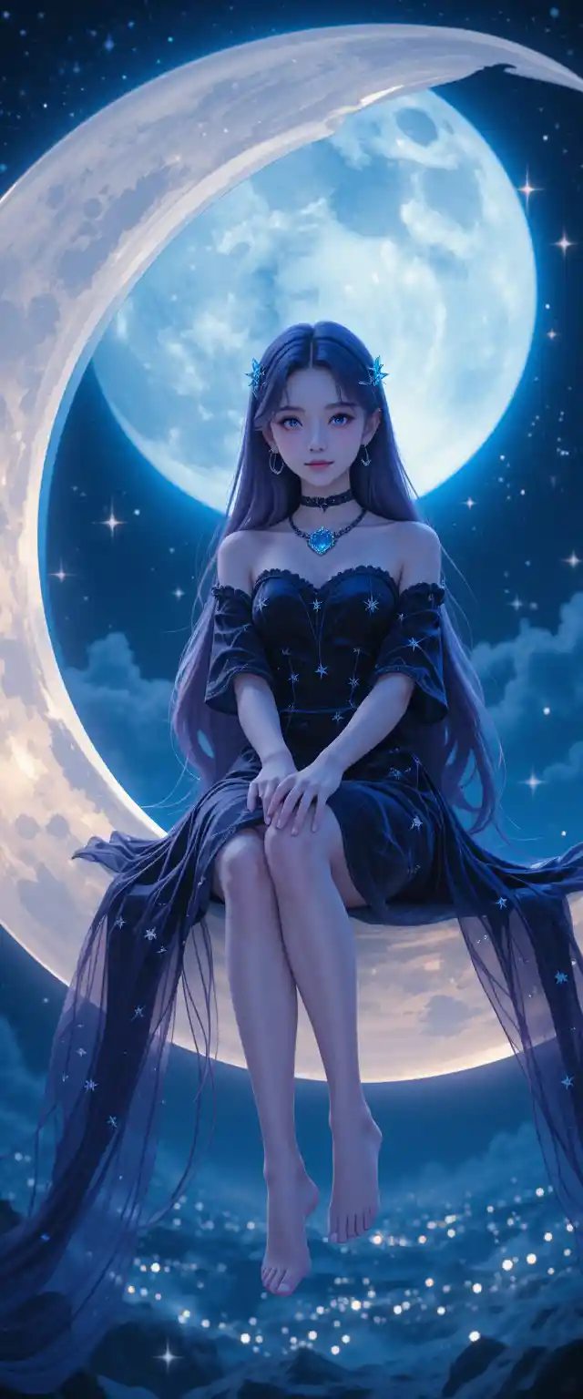Moonlit fantasy girl seated on a glowing crescent