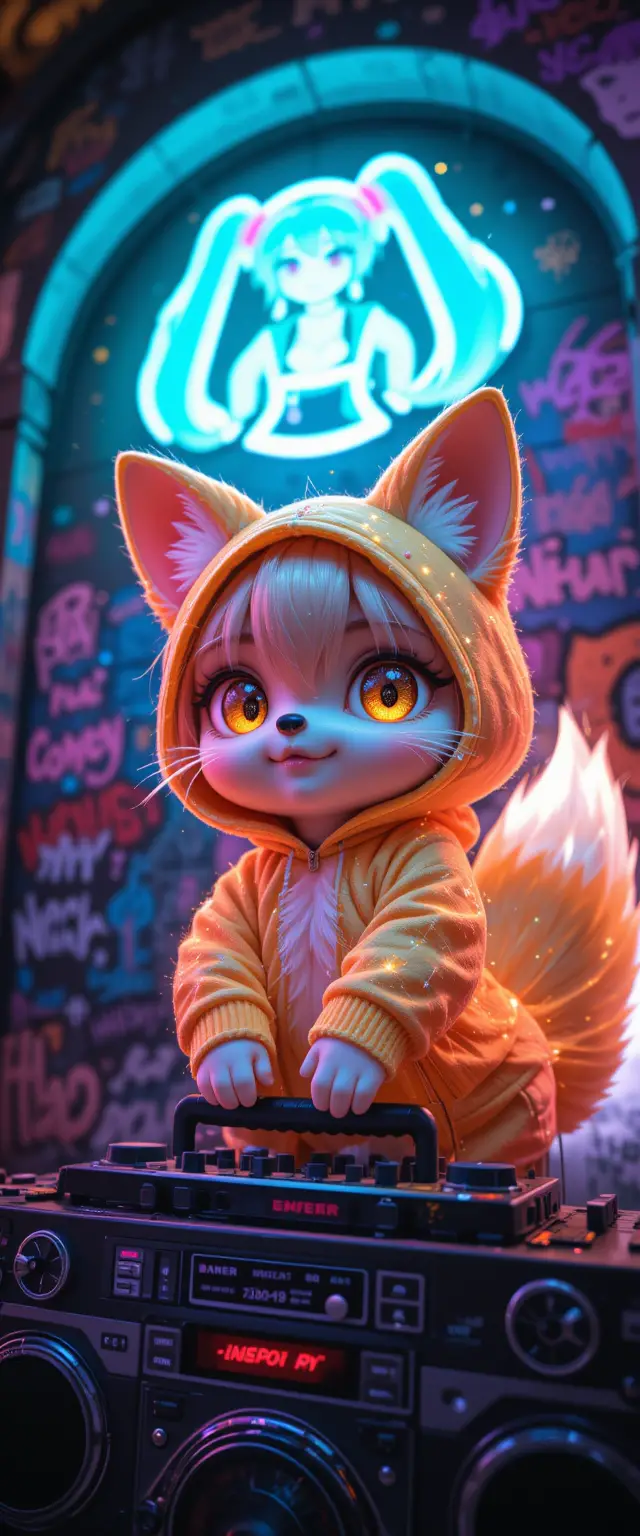 Chibi fox DJ posing with boombox on neon street