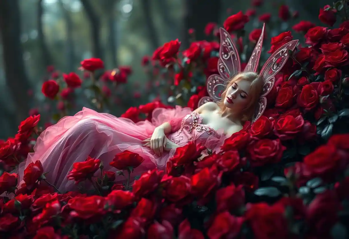 Fairy queen resting among red roses in a forest