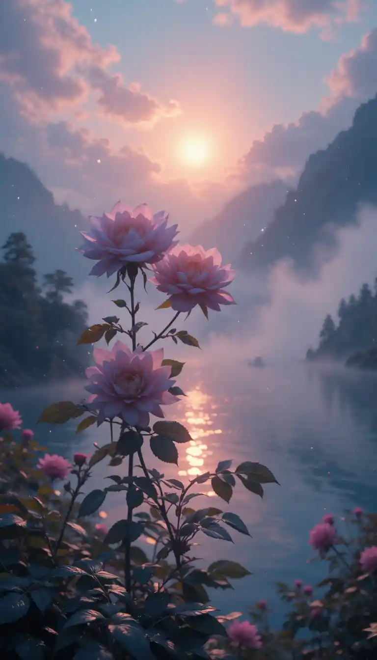 Rosebush By A Quiet Lake In Soft Morning Light