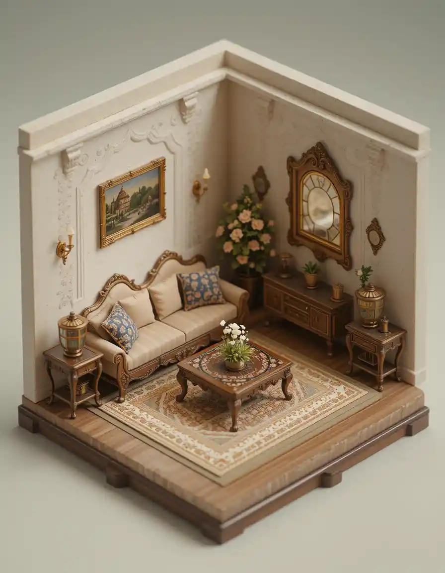 Cozy isometric miniature living room with sofa and table