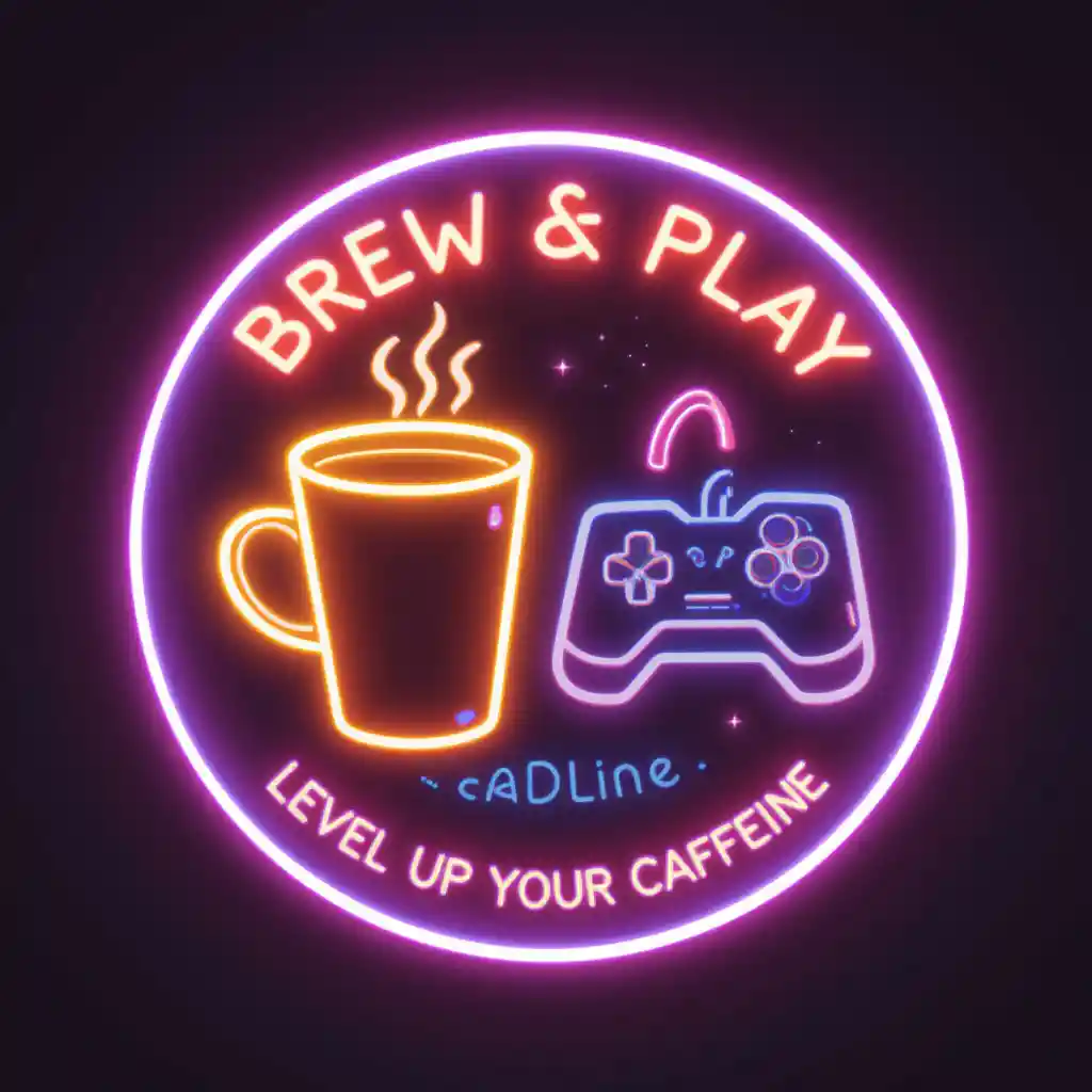 Circular neon style logo with coffee cup and joystick