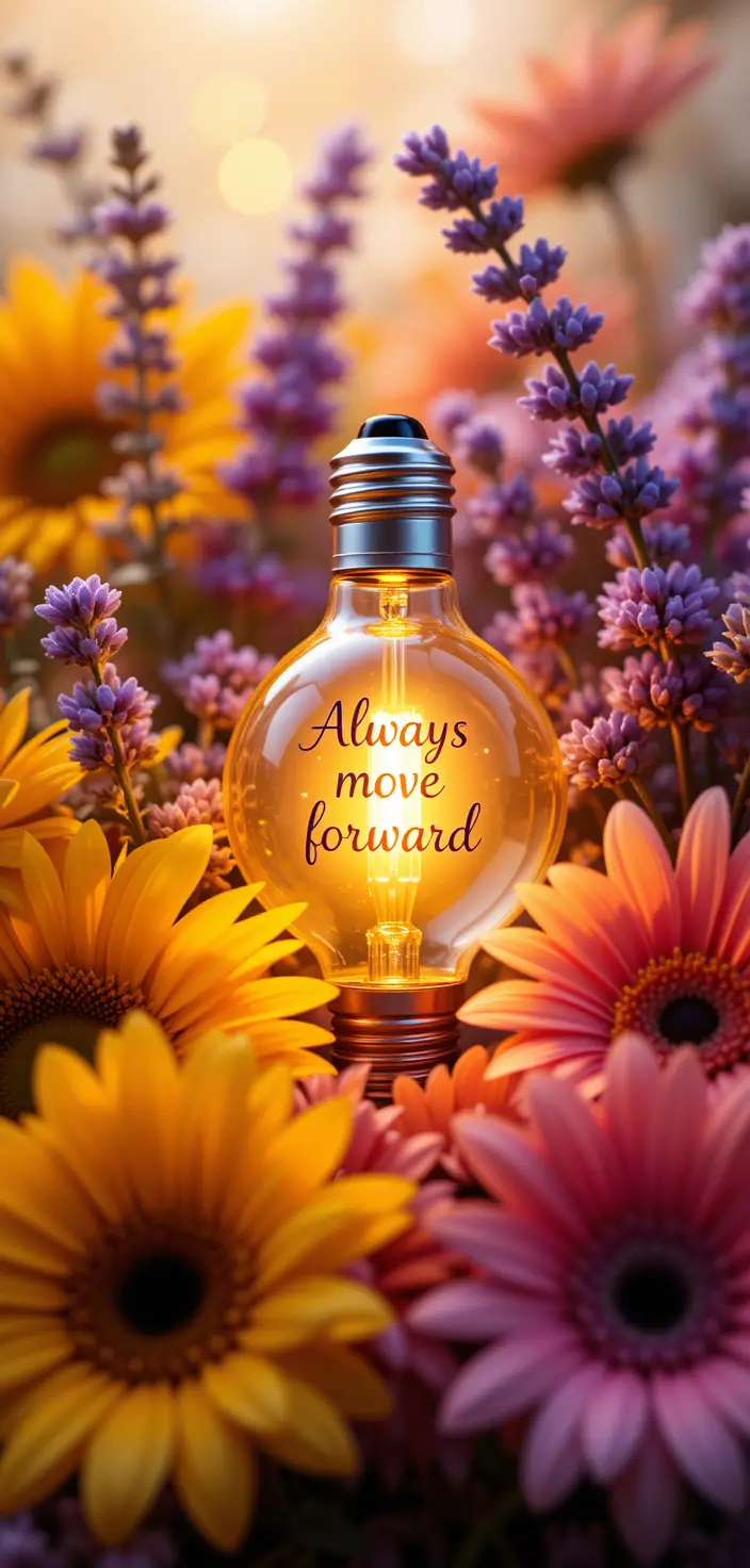 Glowing perfume light bulb surrounded by vibrant flowers