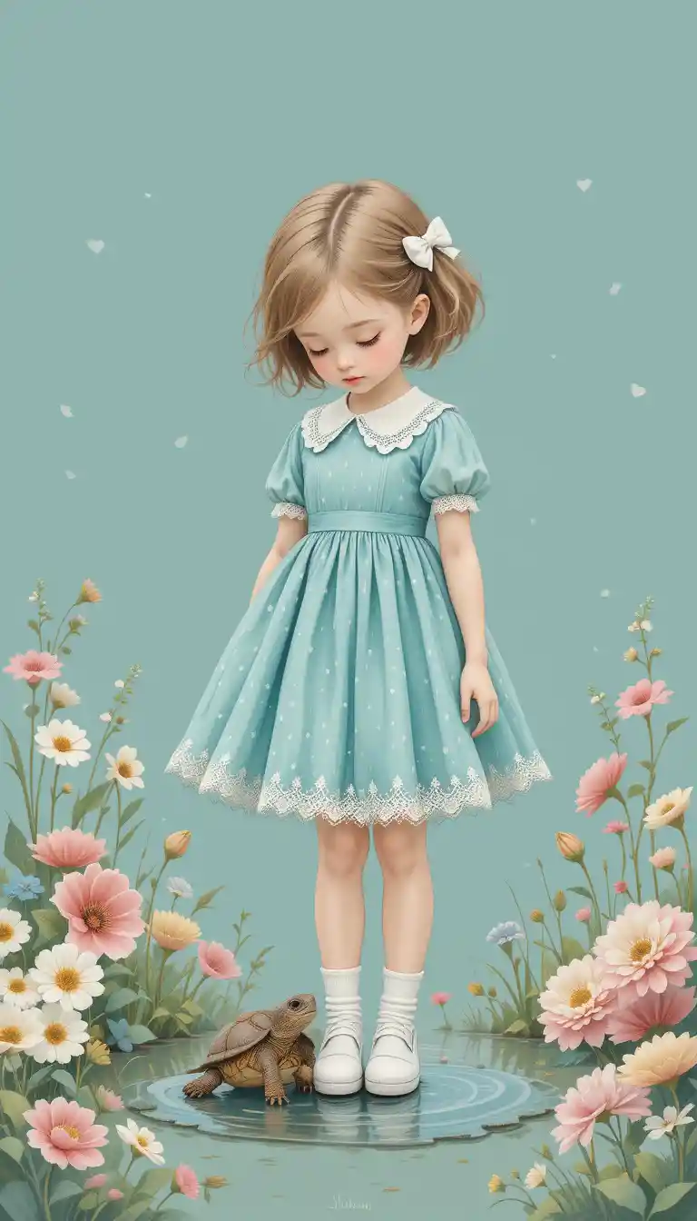 Little girl in teal dress watching a baby tortoise