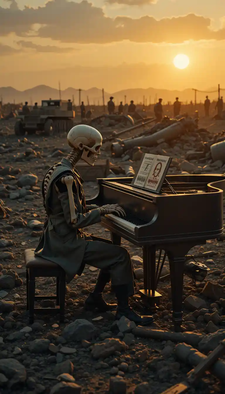 Squelette en costume en lambeaux jouant du piano sur le champ de bataille