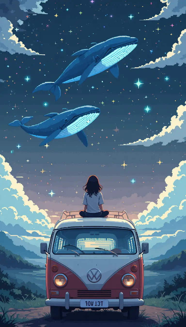 Girl On Van Roof Watching Whales In Night Sky