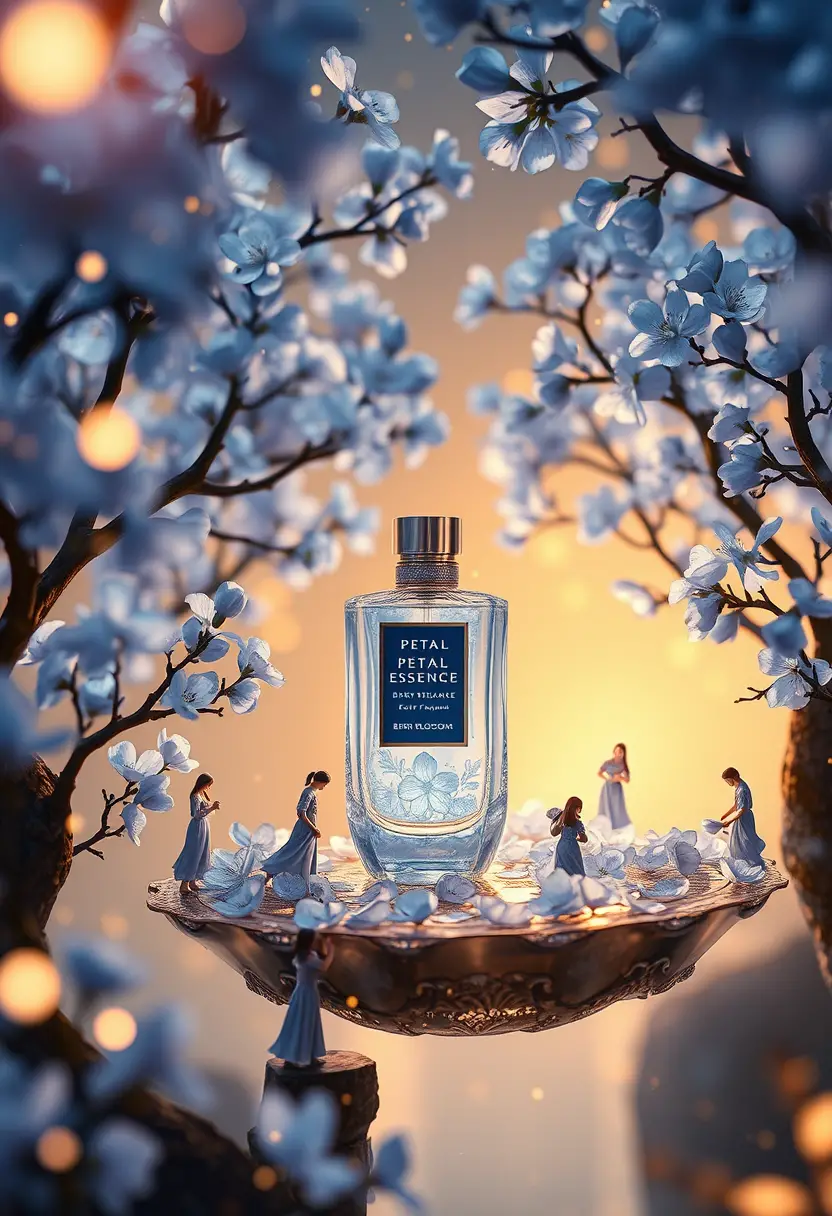 Celestial garden with blue blossoms and perfume bottle