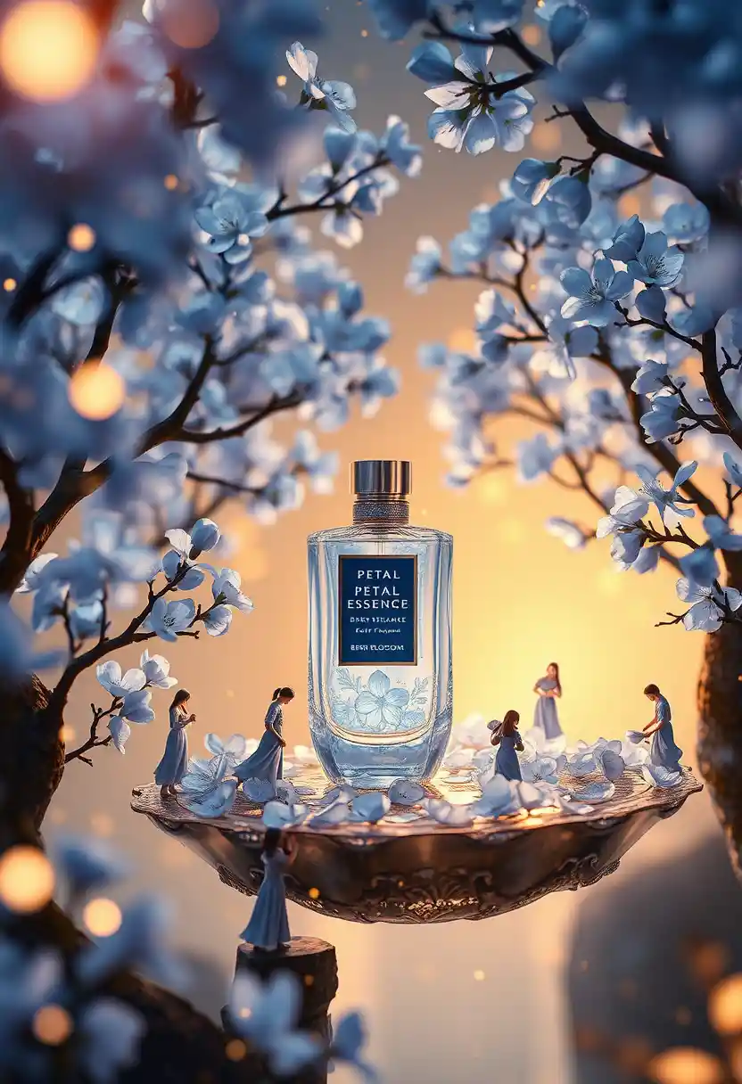 Celestial garden with blue blossoms and perfume bottle