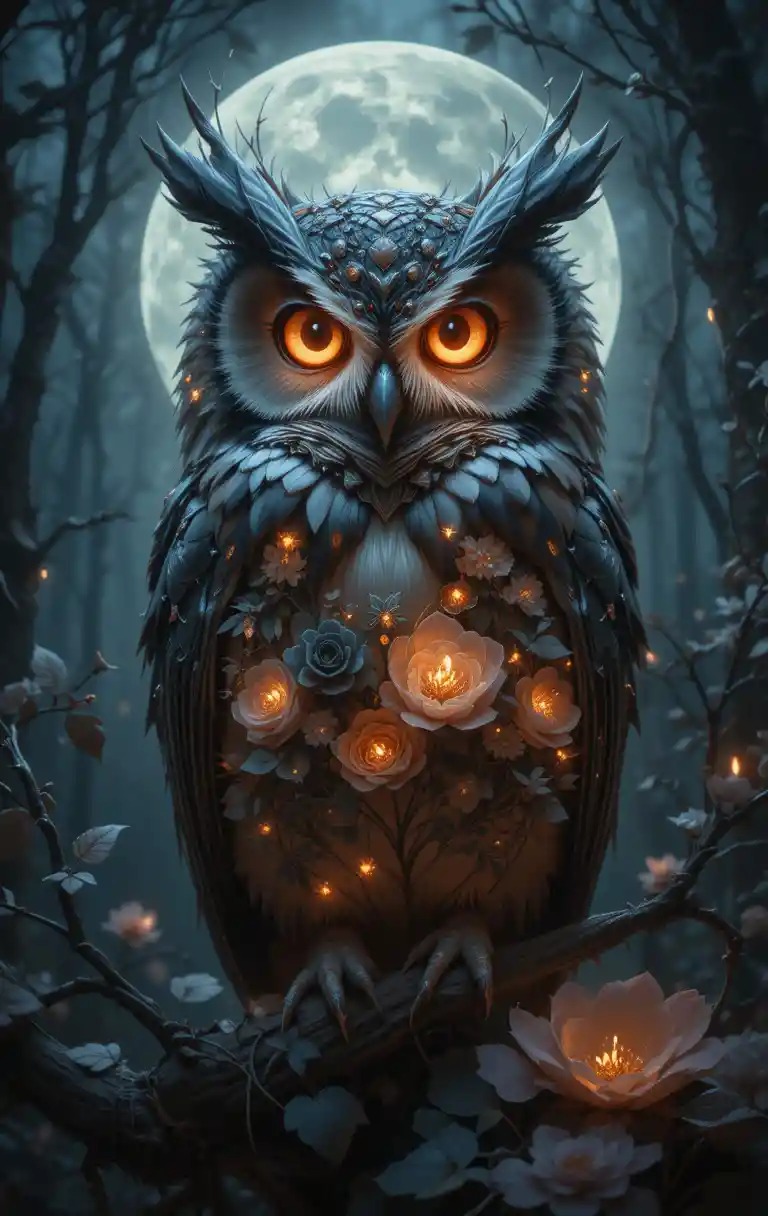 Gothic owl with glowing eyes in moonlit floral forest