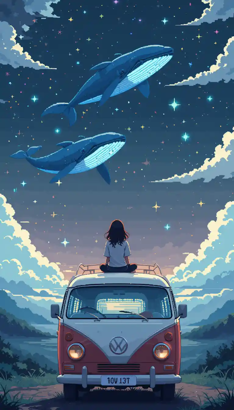 Girl On Van Roof Watching Whales In Night Sky