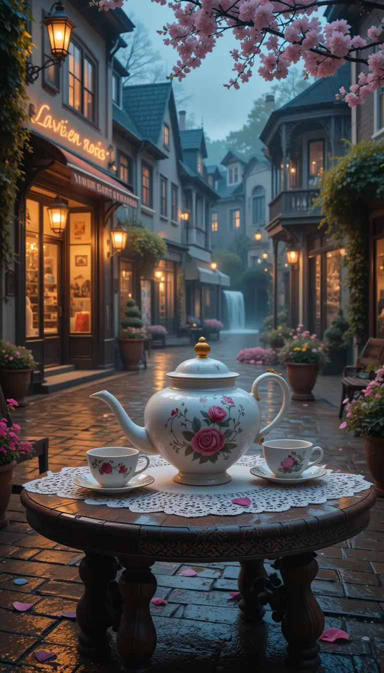 Rainy Baroque Village Street With Cozy Boutique Shops