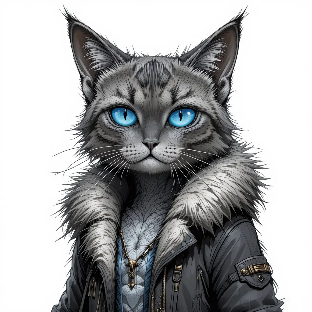 Anthropomorphic blue eyed cat in fur coat illustration