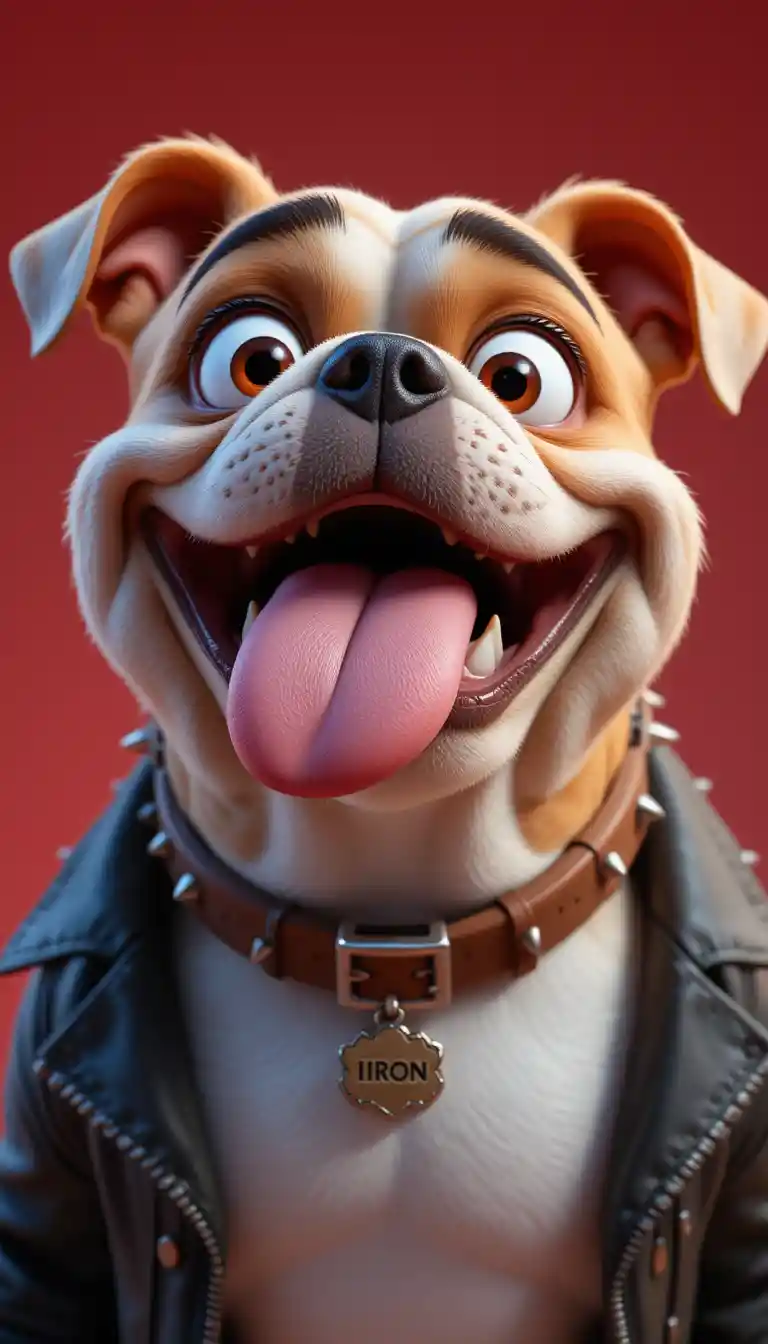 Joyful cartoon bulldog in biker jacket on red background