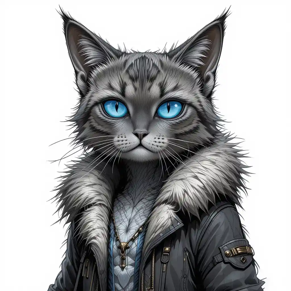 Anthropomorphic blue eyed cat in fur coat illustration