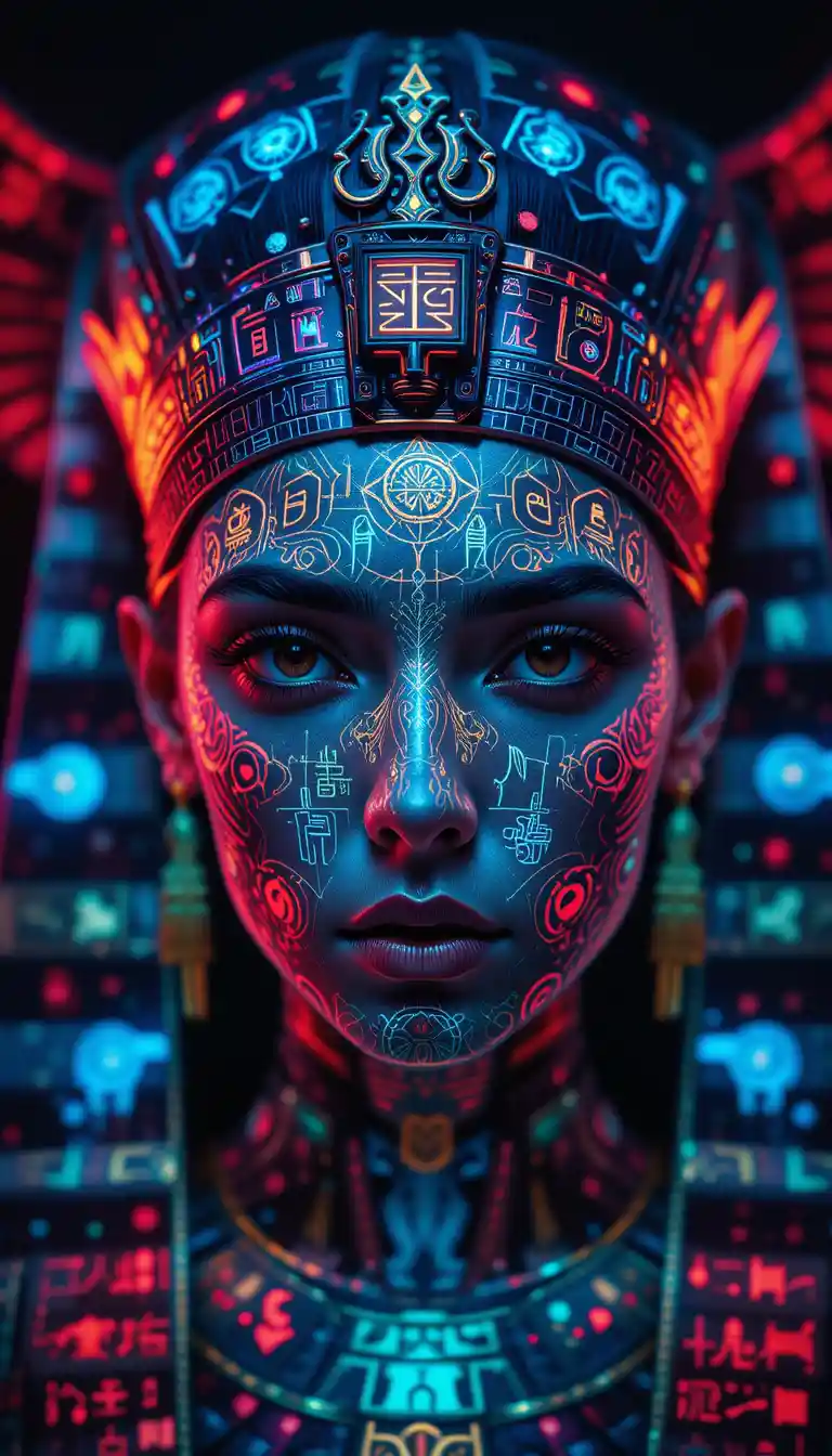 Enigmatic egyptian woman with neon mystical holograms
