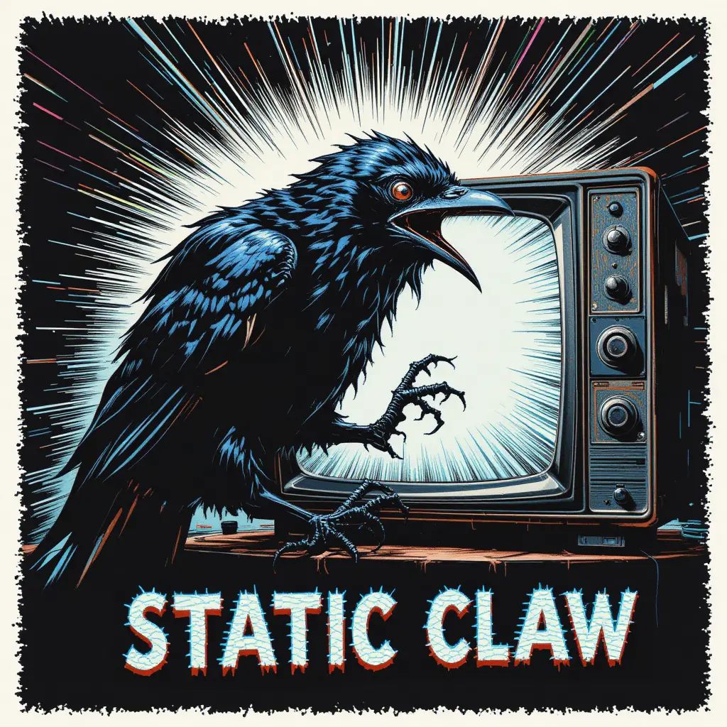 Crow clawing at glitching static filled television screen