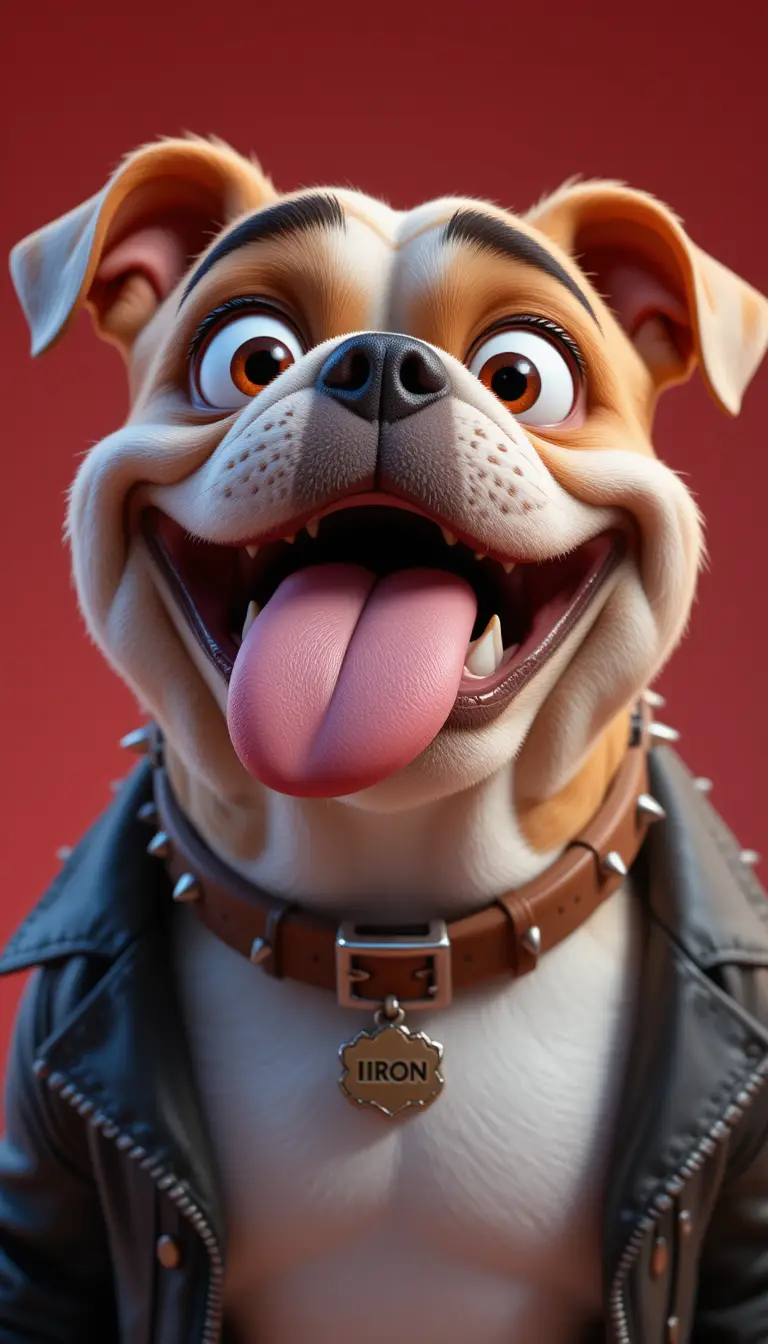 Bulldog cartone animato gioioso con giacca da biker su sfondo rosso