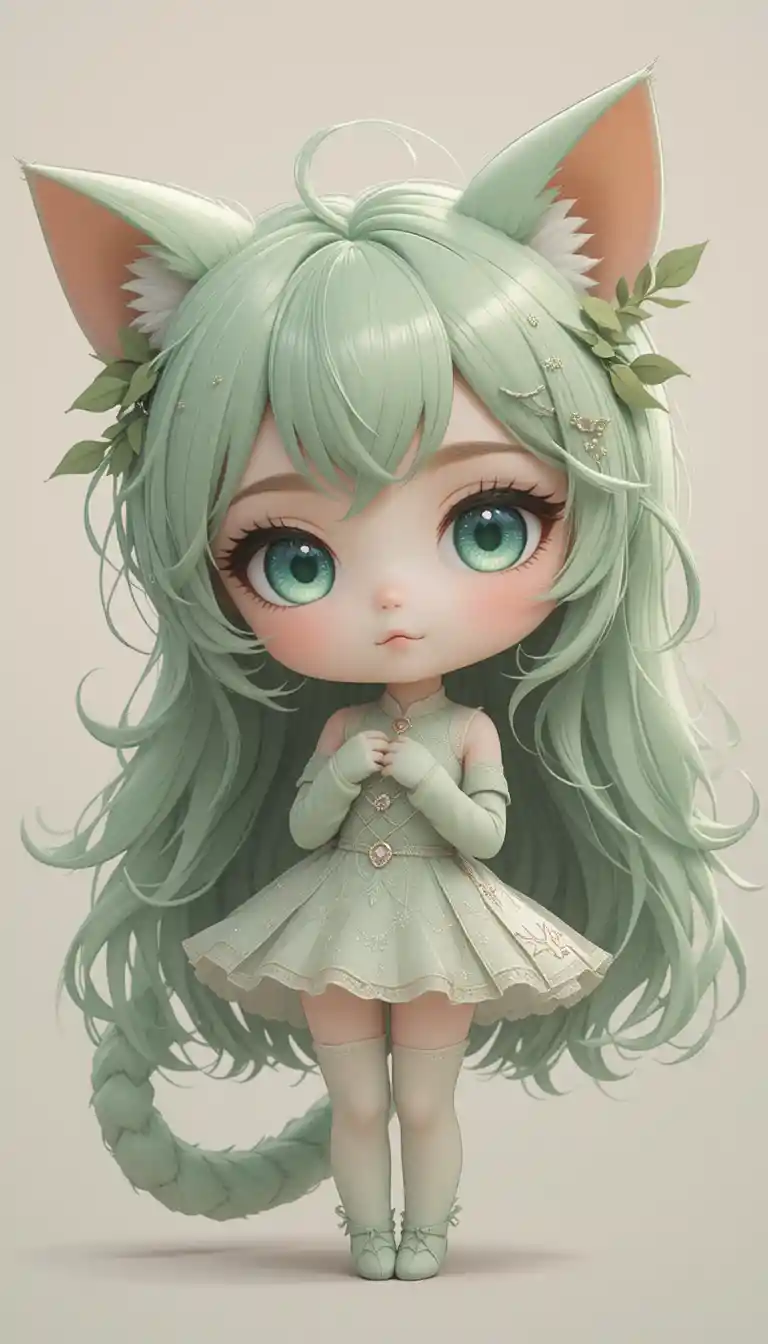 Cute anime tree cat girl with pastel soft background