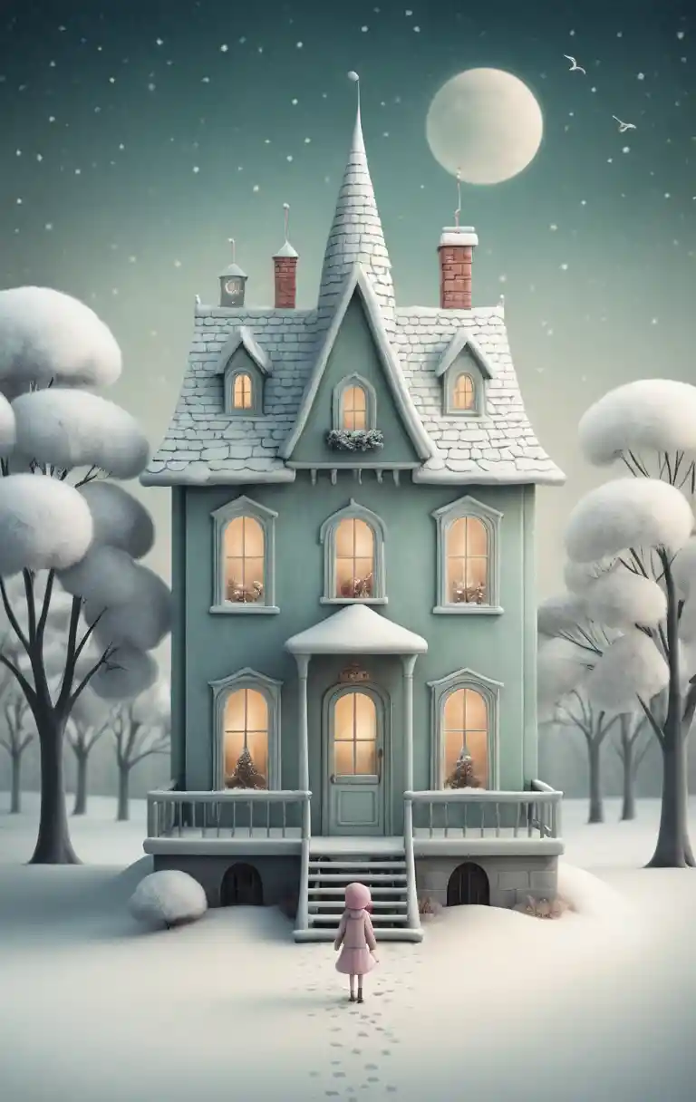 Whimsical winter city girl in a dreamy fantasy scene