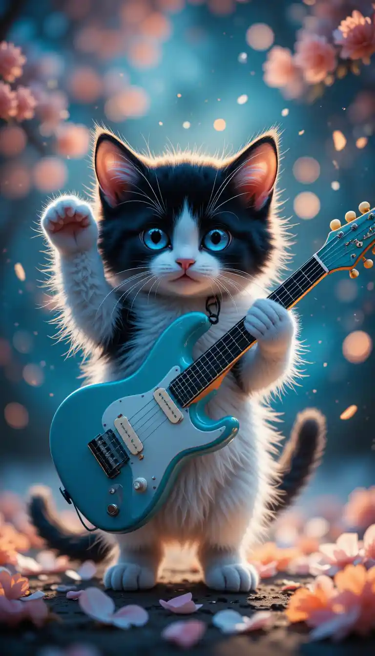 Cute kitten with guitar under a magical night sky