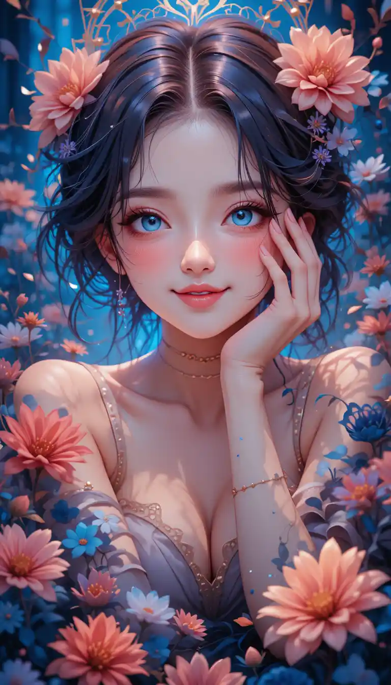 Peaceful anime woman smiling in dreamy blue tones