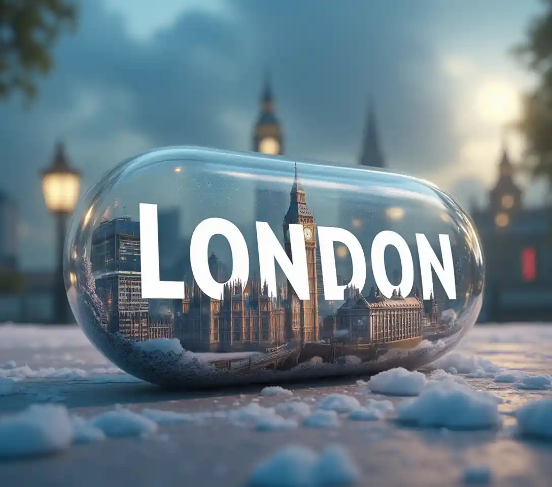 Fantasy London cityscape inside a glossy 3D capsule