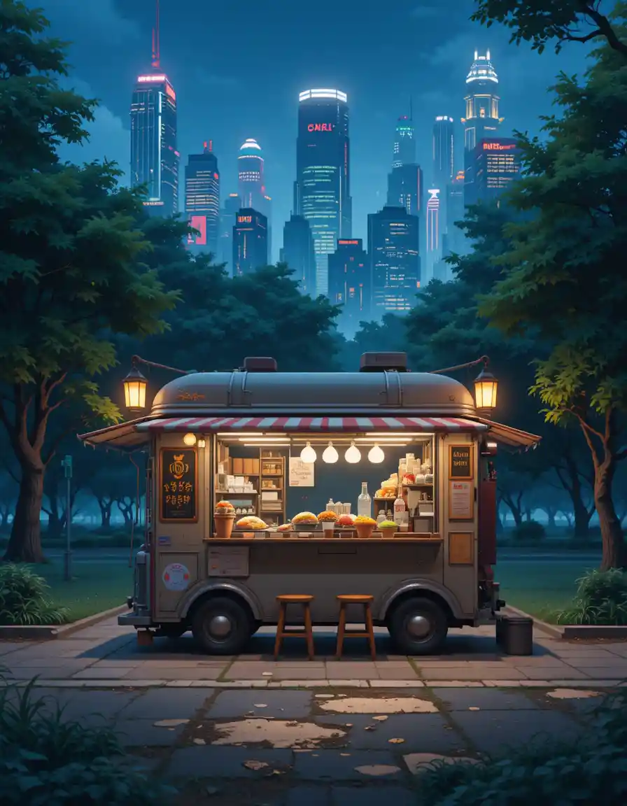 Small food truck in a park beside a futuristic city