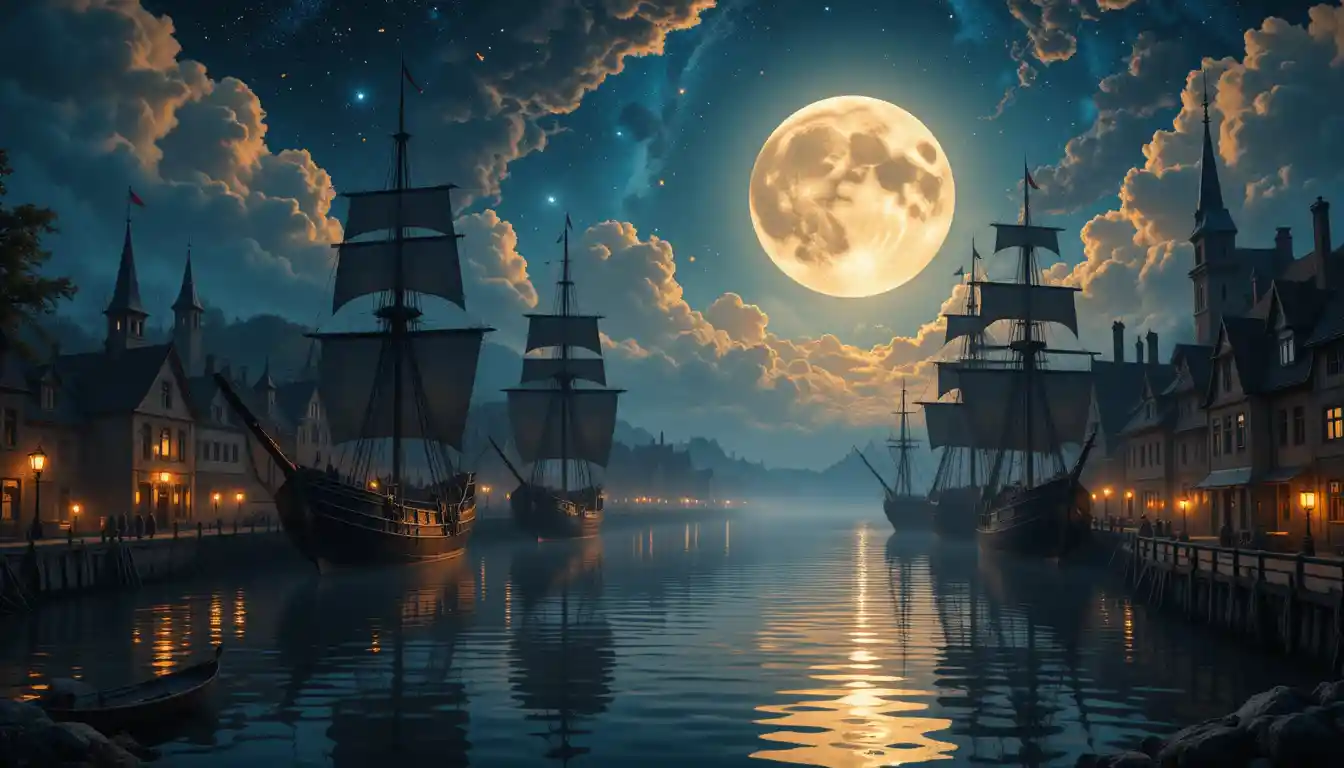 Dreamy European night harbor under a celestial moonlit sky