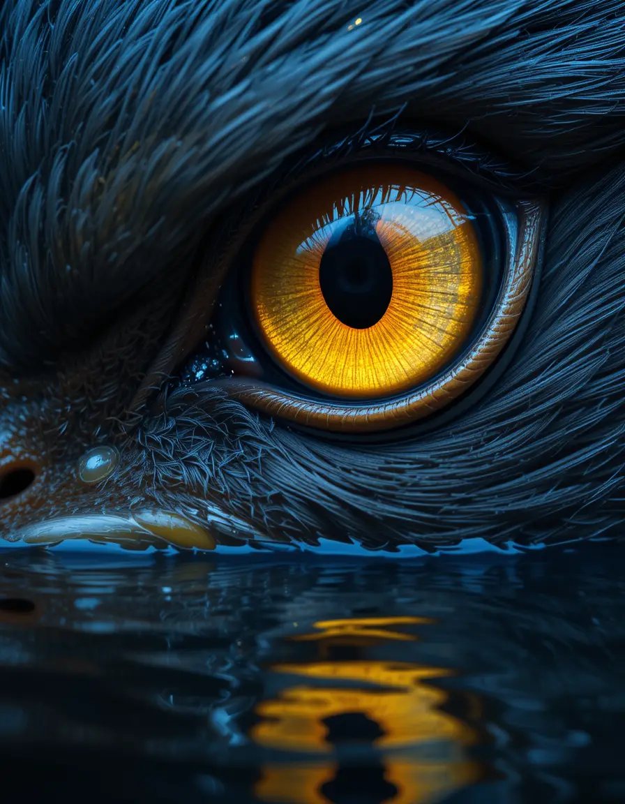 Close up of a golden bird eye with water reflection