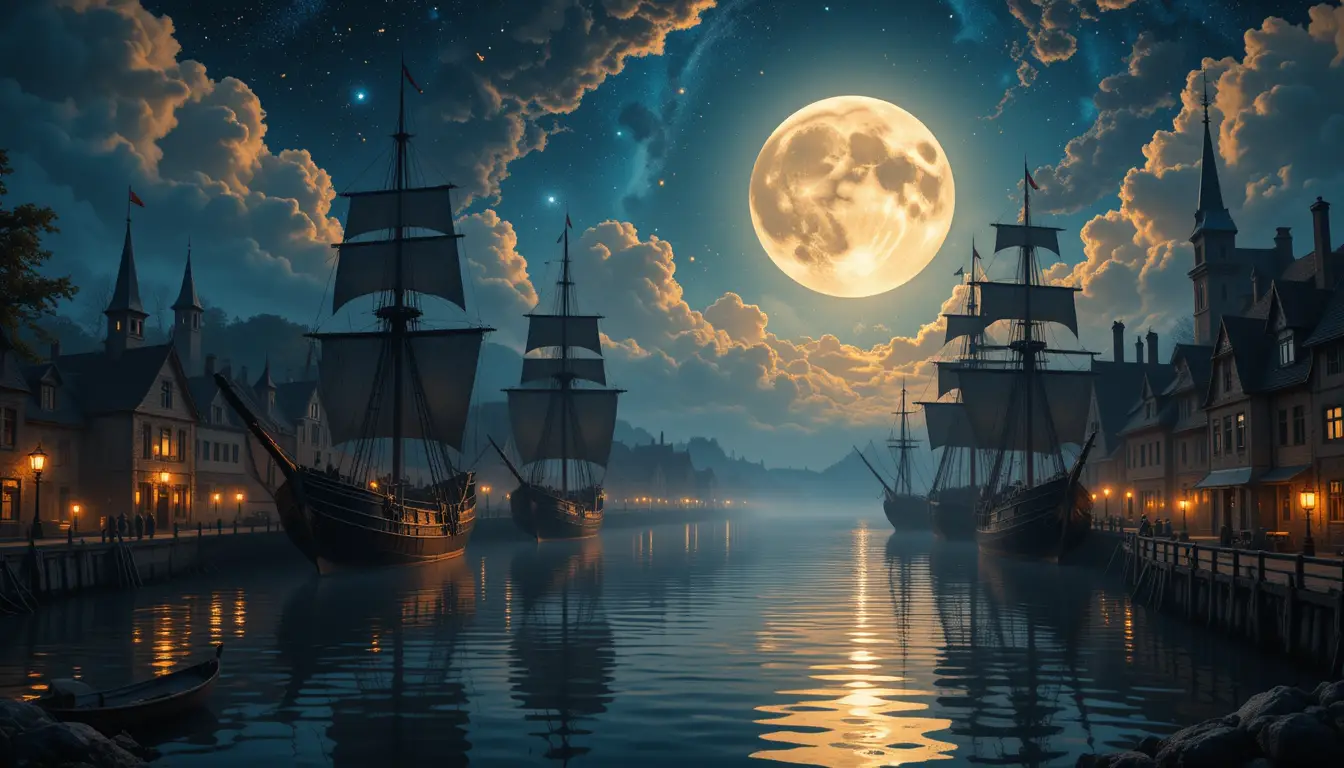 Dreamy European night harbor under a celestial moonlit sky