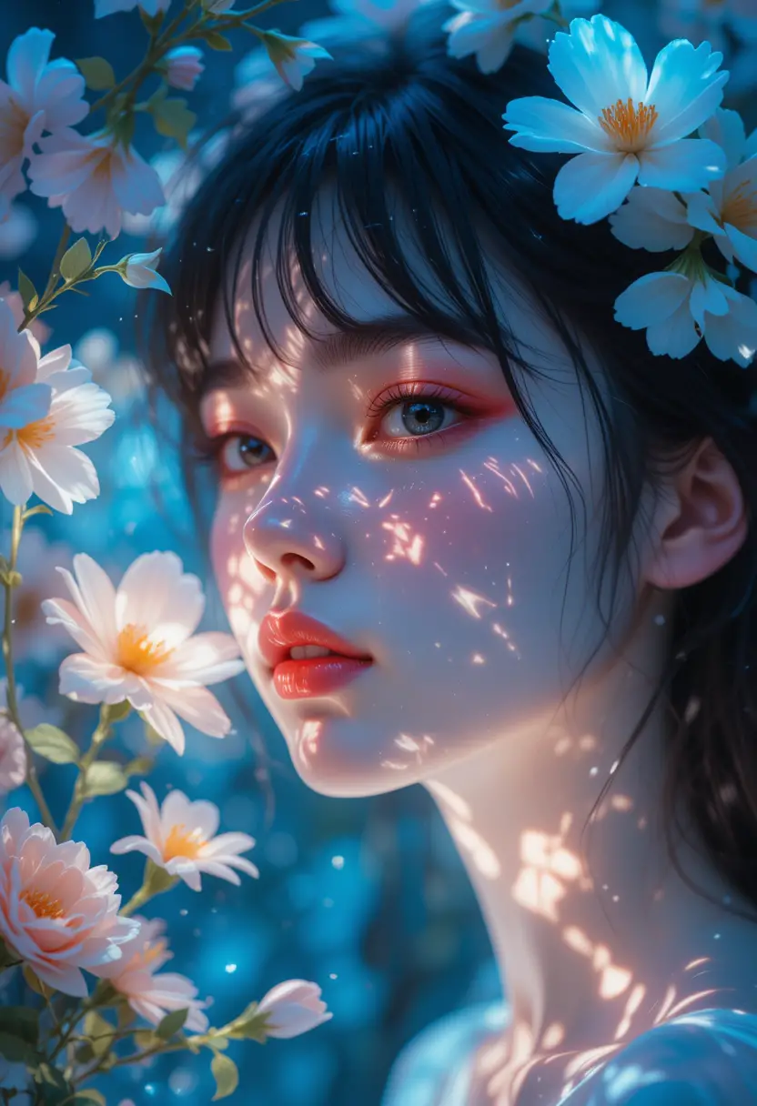 Surreal portrait of a woman with flowers and refracted light
