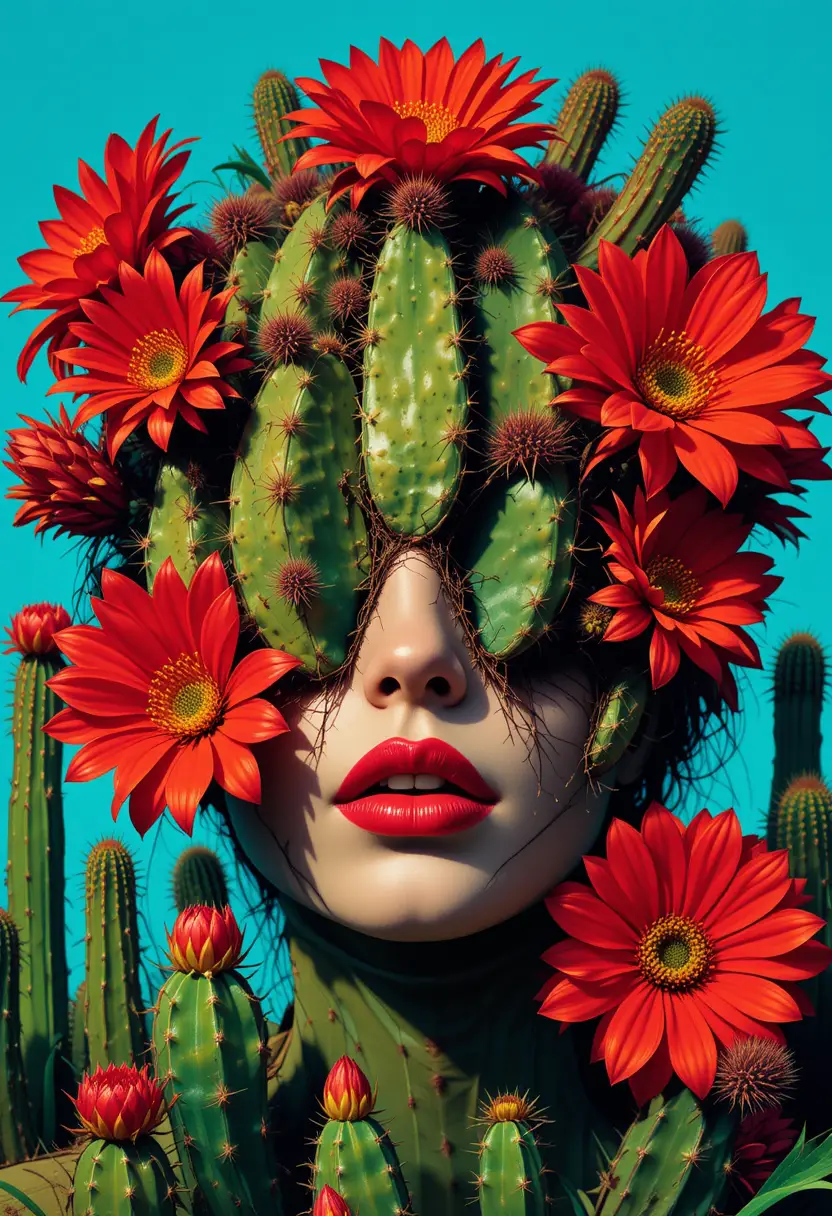 Surreal portrait of a face hidden by cactus and flowers