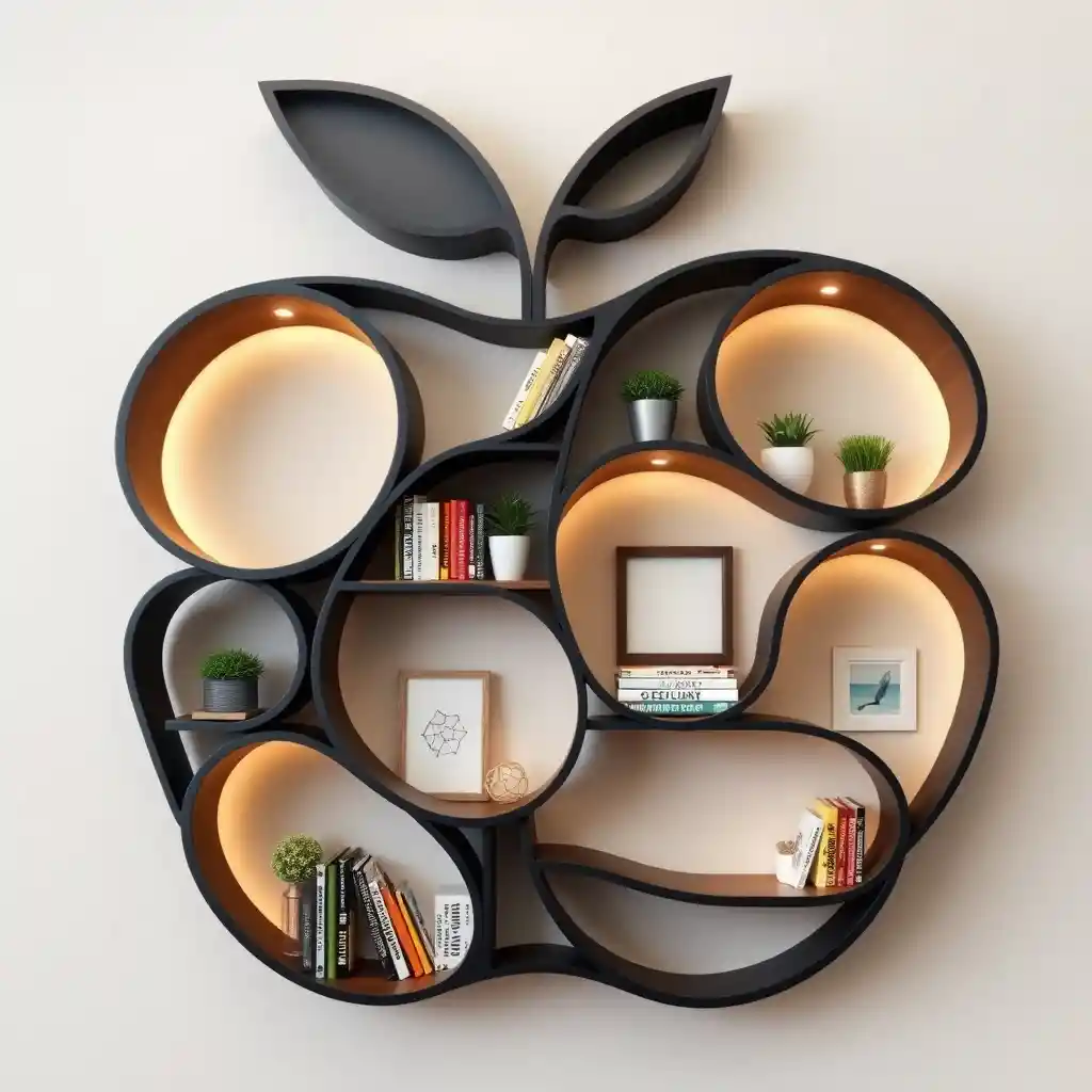 Modern curved bookshelf with warm led lighting and decor