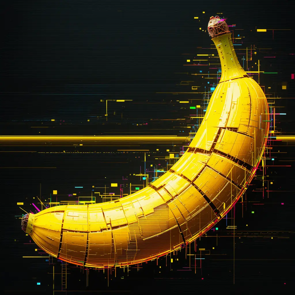 Glitch art close up of a fragmented digital banana