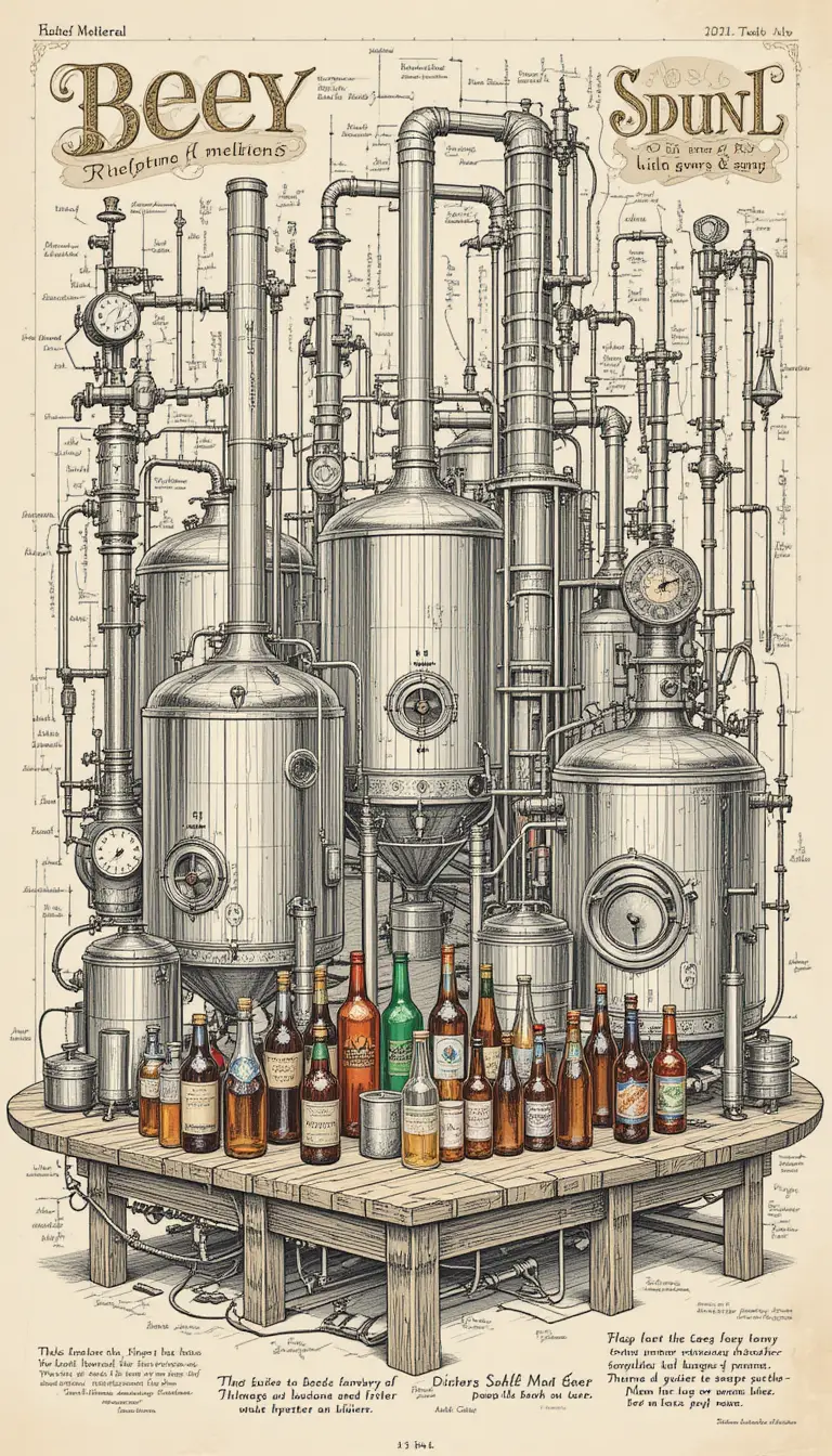 Detailed beer brewing equipment in technical illustration style